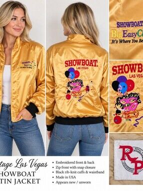 Vintage Showboat Las Vegas Unisex S Gold Satin Bomber Jacket USA Big Easy Club
